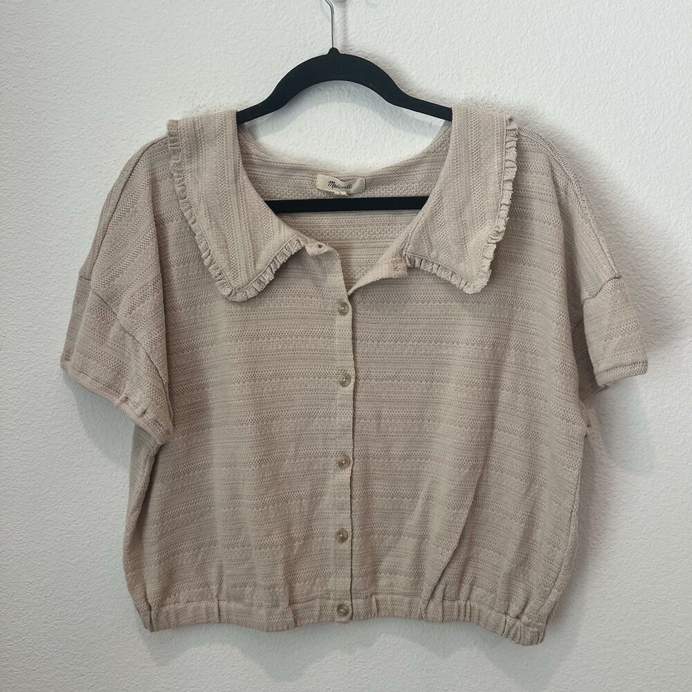 Madewell Ruffle-Collared Crop Tan Top Large Cottagecore Preppy Casual Prairie - Picture 3 of 9